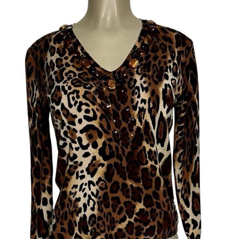 New Avvenire Knit Top Women’s Med Jaguar Print Pullover Long Sleeve Beaded NWTs